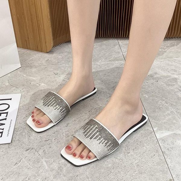 

slippers women summer flat elegant ladies square toe slides outside shoes female crystal bling sandals fashion woman 2021, Black