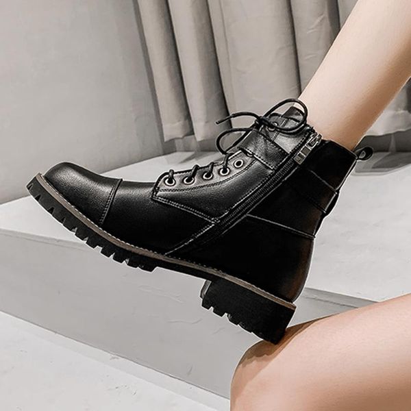 

british style short boots autumn new boots women flat-heel lace-up female, Black