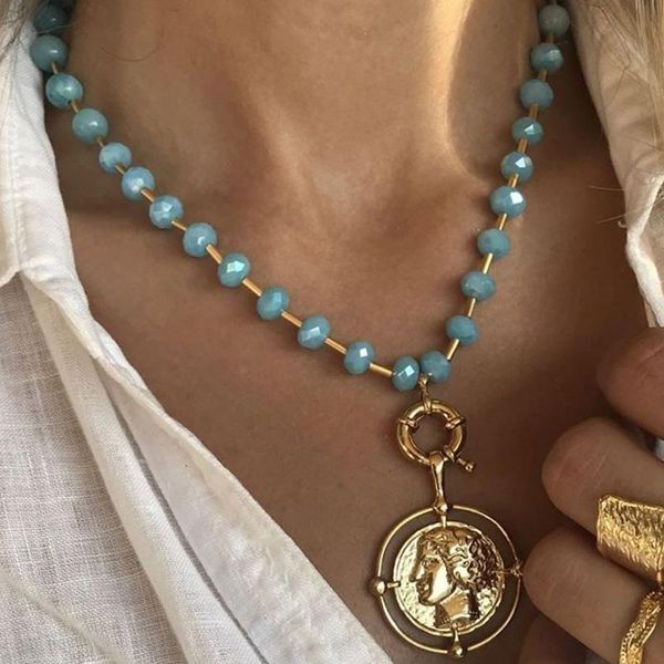 

brling new 2020 fashion ins vintage chain pendant choker blue beaded avatar alloy necklace for women girls gifts party, Golden;silver