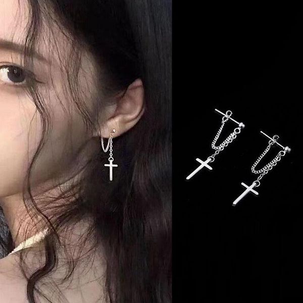 

Long Tassel Cross Earring Drop Earrings For Women Simple Cross Earring Rhinestone Chain Ear Brincos Female Party Jewelry Gift, Silver