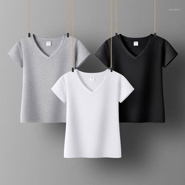 

cotton women t-shirt v-neck short sleeve women shirt all match lady black white gray yellow shir1