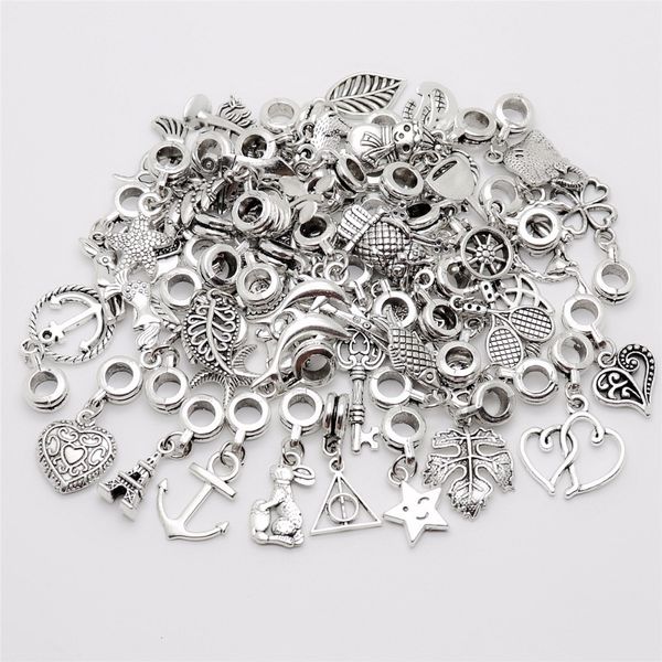 

european mix 50pcs/lot vintage big hole loose beads pendant fit pandora charm bracelet diy metal jewelry making