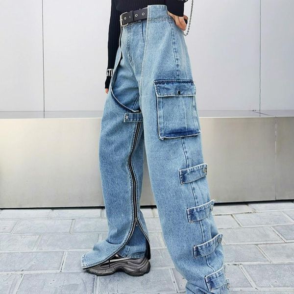 

bonjean two pieces pants with pocket 2020 winter bottom mid-waist women's jeans loose denim pants long straight bj3422, Blue