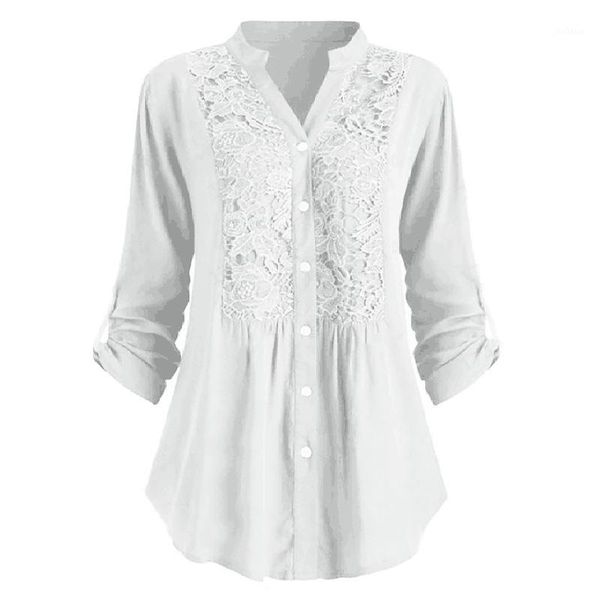 

lace flowers blouses women summer new v-neck long sleeve shirts lady female casual loose solid color button plus size s-5xl1, White