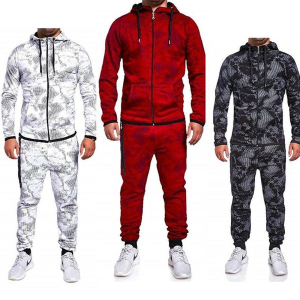 

autumn winter mens casual tracksuit set long sleeve hoodie sweatshirt slim fit sweatpants joggers white red black, Gray