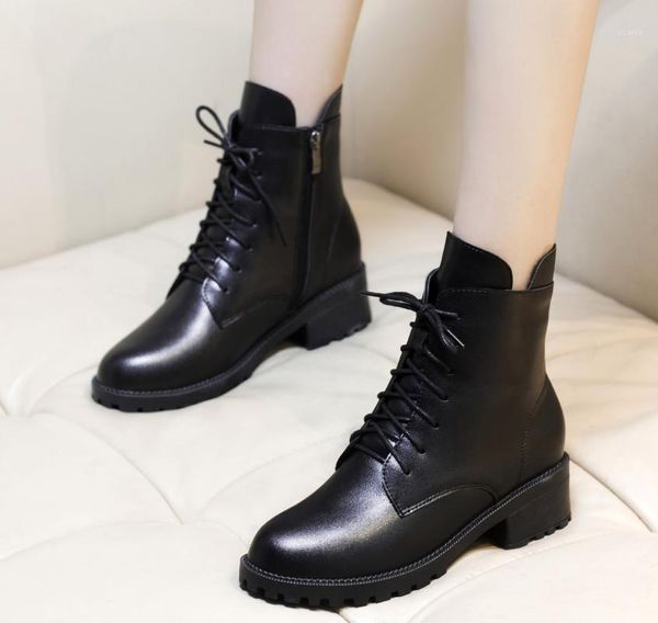 

boots women shoes med heel round toe square side zipper casual black color business formal females ankle z00931