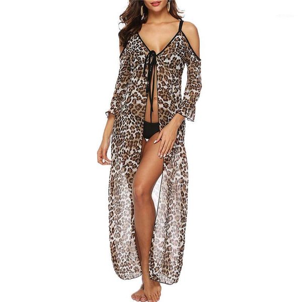 

women summer beach cover up leopard print pattern see through medium sleeve v-neck cardigan swimwear women bikini cover, White;black