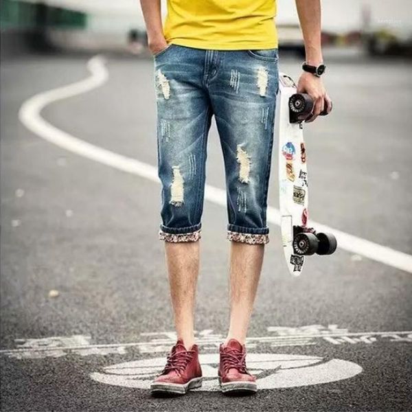 

2020 summer men's 7-point cuffed denim shorts korean slim-fitting ripped teenagers students street trousers youth cropped pants1, Blue