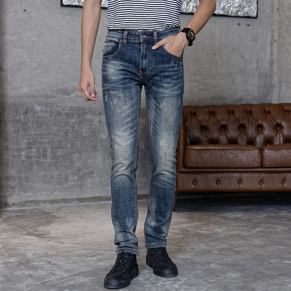 

2021 new autumn newly fashion men italian style retro blue ripped jeans slim fit elastic vintage designer long pants 42wb
