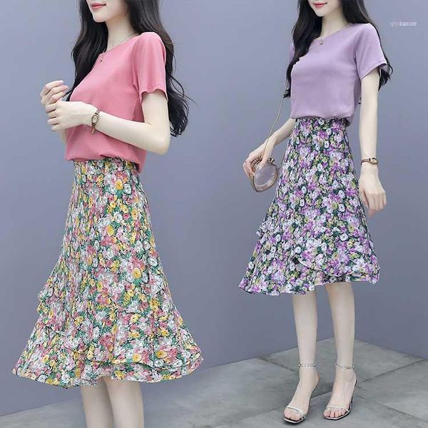 

summer fashion women's t-shirt +chiffon floral printedf fishtail skirts suits female vintage crop with skirt 2 piece sets11, White