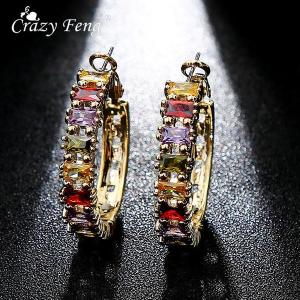 

fashion cz crystal hoop earrings for women girls colorful rhinestone big size circle earring womens wedding brincos jewelry, Golden;silver