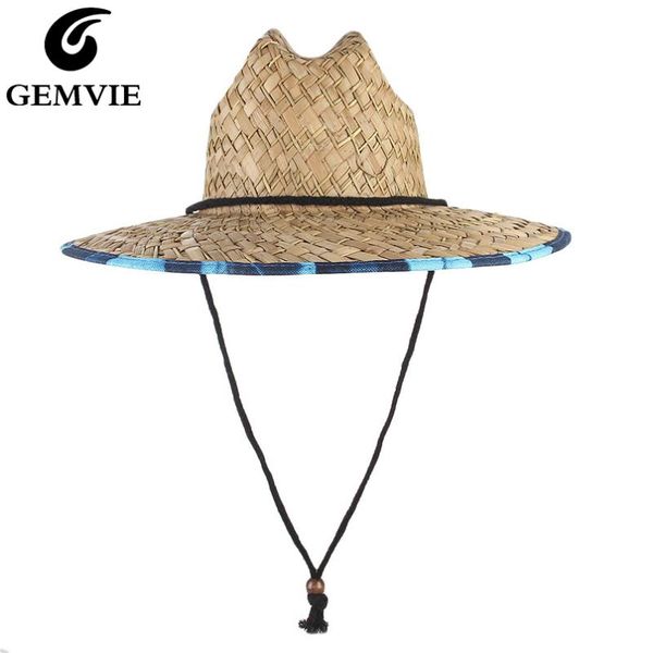 

wide brim hats gemvie lifeguard straw safari hat for men women summer sun with chin cord, Blue;gray