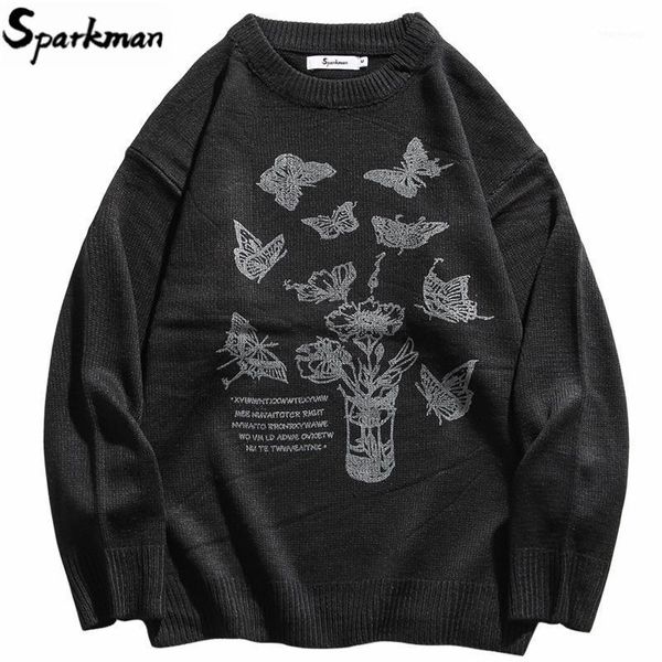 

hip hop streetwear knitted sweater harajuku pullover men butterfly floral print sweater 2020 autumn winter cotton casual1, White;black