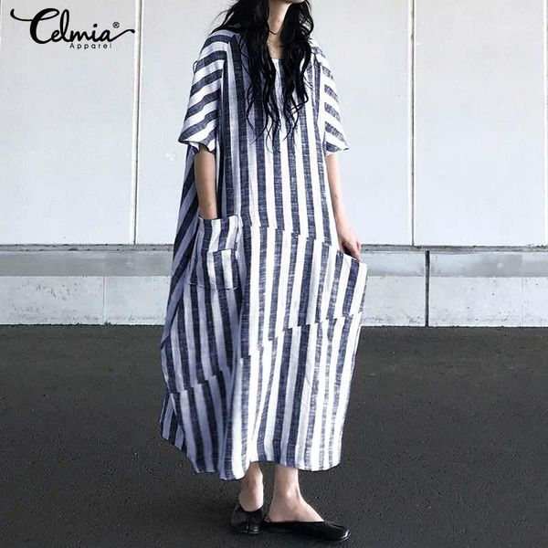 

celmia women vintage striped long dress 2020 summer female short sleeve pockets casual loose party maxi dress plus size vestidos1, Black;gray