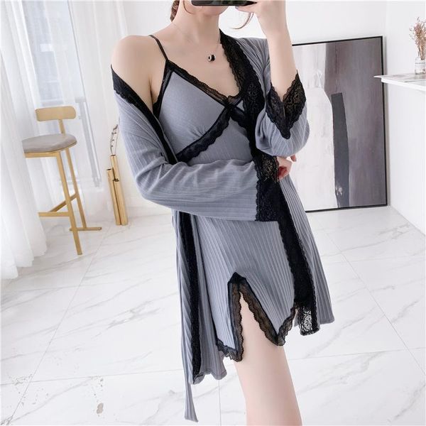 

women nightgown cotton robe sets cardigan belt lace sleepwear bathrobe comfortable breathable homewear loungewear autumn1, Black;red