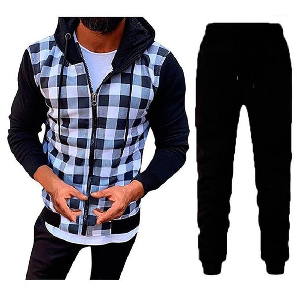 

two pieces set men clothing lattice patchwork hooded sweatshirt men's sportswear autumn mens hoodies jacket + pants sets my3351, Gray