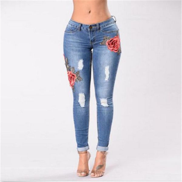 

2020 new female casual rose denim jeans with embroidery ripped vintage pencil jeans for women cuffs long pants plus size, Blue