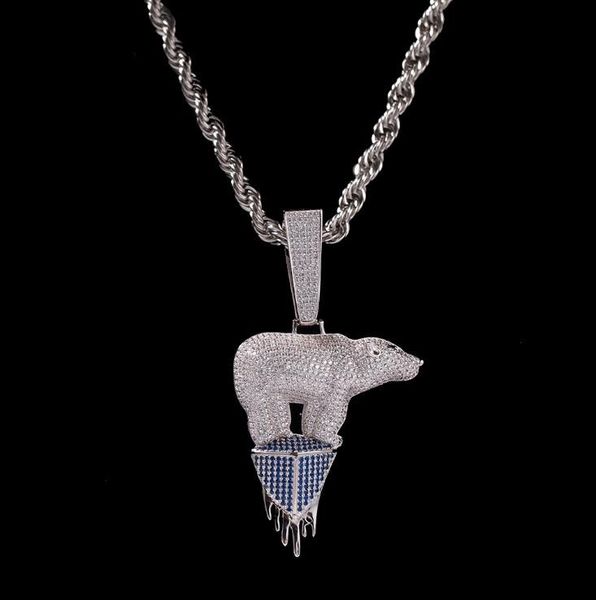 

new hip-hop zircon glacier polar bear pendant european and american men's hip-hop rap performance with trendy jewelry, Silver