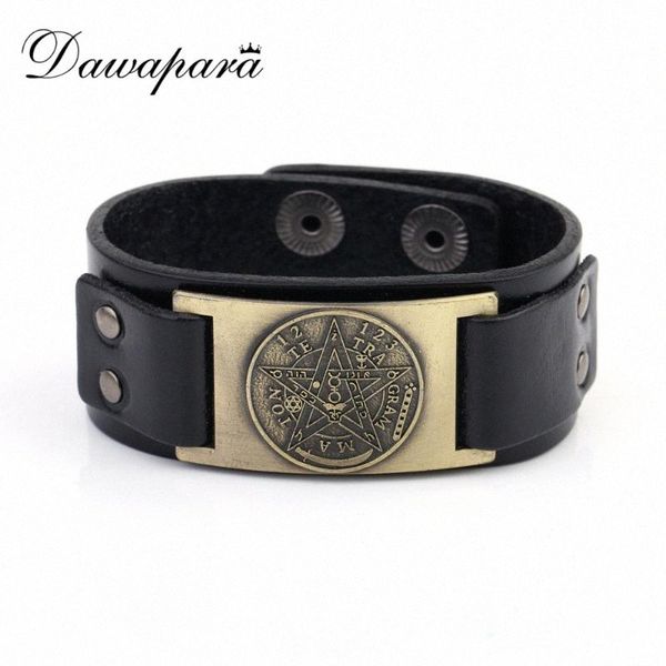 

dawapara pentagram runes round charm leather cuff punk bracelets & bangles for men drop shipping se7q#, White