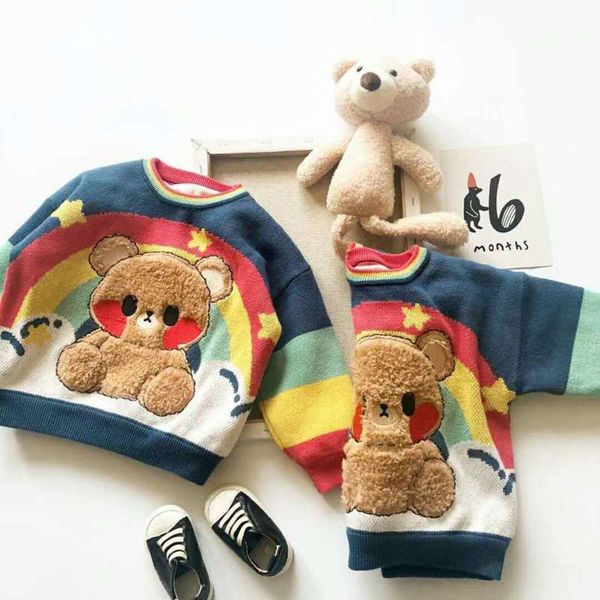 

2020 mk4062 winter new children's autumn rainbow bear plush sweater, Blue