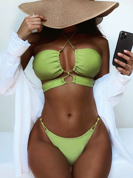 

solid halter thong bikini swimsuit 63ip#, White;black