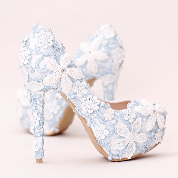 

de salto plataforma alto 14cm azul femininos casamento rendas flor nupcial stiletto bombas cristal senhoras sapatos festa aylv, Black