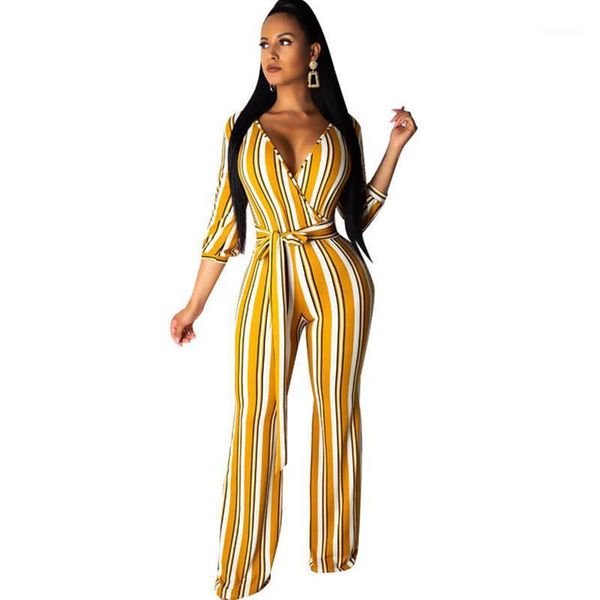 

women print striped jumpsuit with sleeve v-neck work business loose elegant jumpsuit wide leg pants club romper overalls1, Black;white
