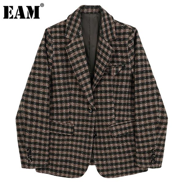 

[eam] loose fit brown plaid vintage big size woolen coat parkas new long sleeve women fashion tide autumn winter 2020 1dd1071, Black