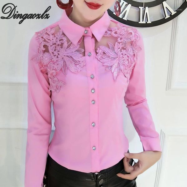 

dingaozlz spring new lace embroidery patchwork hollow out white blouse korean fashion slim women chiffon shirt1