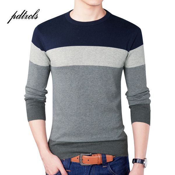 

nieuwe hoge kwaliteit puur katoen gestreepte trui volledige mouw o-hals sim fit heren trui mode mannen truien big size smart casual, Black