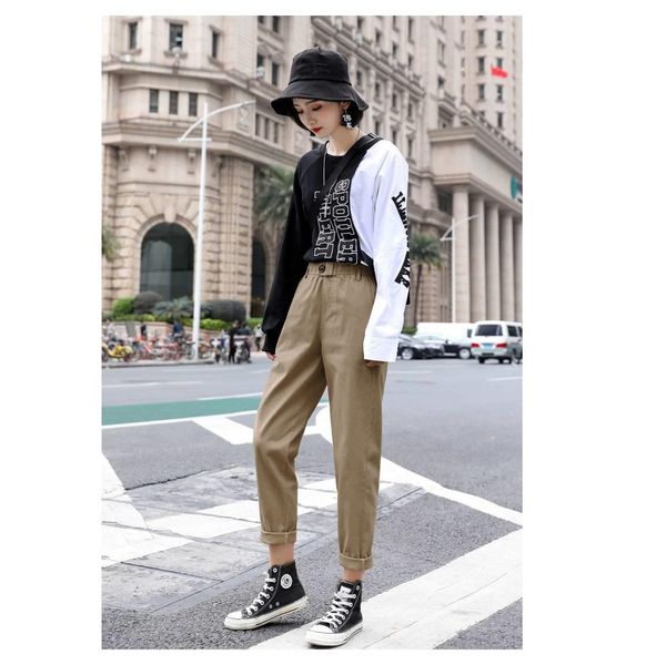 

cargo pants women new summer clothing straight overalls casual harem elastic waist autumn 2020 triangle buckle, Black;white