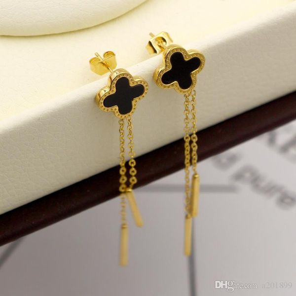 

stylish titanium steel plated four-leaf clover tassel earrings for ladies' beautiful gift jewelry, Golden;silver