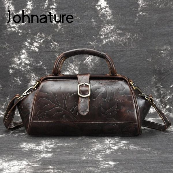

johnature 2020 new vintage genuine leather floral embossed open pocket women shoulder&handbags leisure cowhide messenger bag c0121