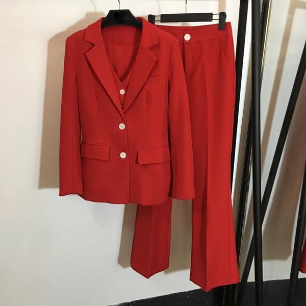 

women's suits & blazers 6.1 women casual fashion red 3 pieces set spring autumn blazer coat + vest flare long pants sets for office lad, White;black