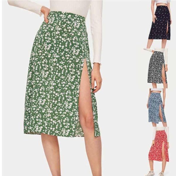 

skirts autumn women high waist fashion casual split beach midi skirt ladies flower printed female side open 2021, Black