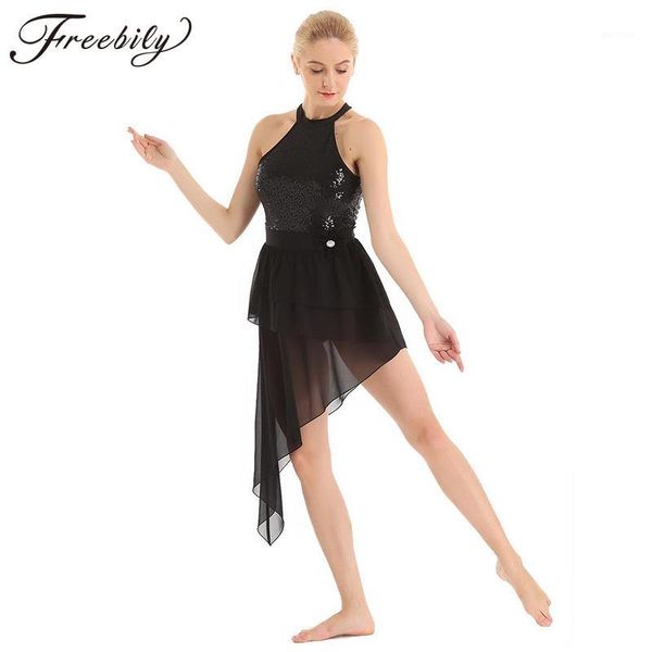 

women sequins halter asymmetrical chiffon gymnastics leotard ballet dress ballerina stage contemporary lyrical dance costume1, Black;red