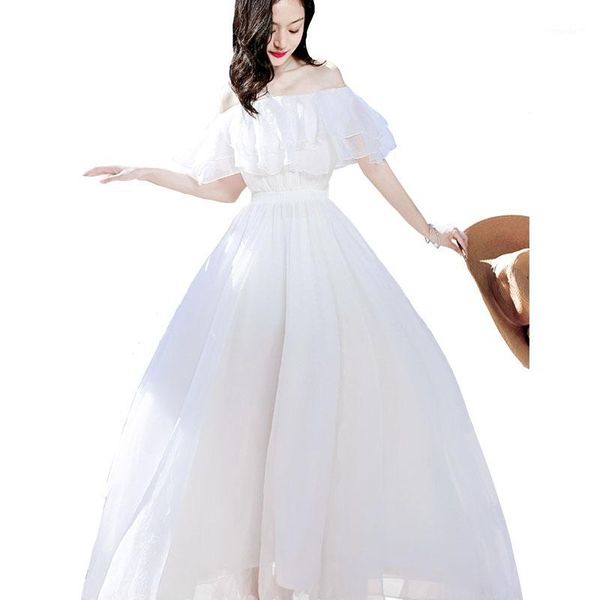 

casual dresses white vintage dress womens 2021 summer chiffon loose off shoulder long bohemian cascading ruffle women1, Black;gray