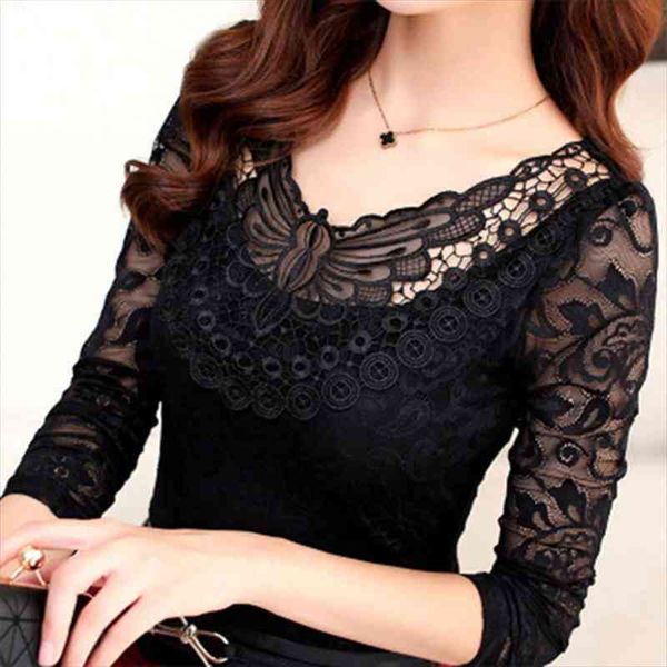 

S-5xl Plus Size Spring Autumn Fashion Women Black Lace Blouse Shirt Long Sleeve Sexy Top Women Plus Size Dd2313, White