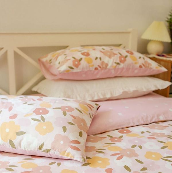 

cute orange pink floral bedding set teen kid gril,pastoral cotton twin full  home textile bed sheet pillow case duvet cover
