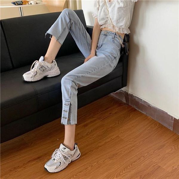 

2020 summer & autumn new women high waist was thin and simple little feet jeans side split nine points pants tide, Blue