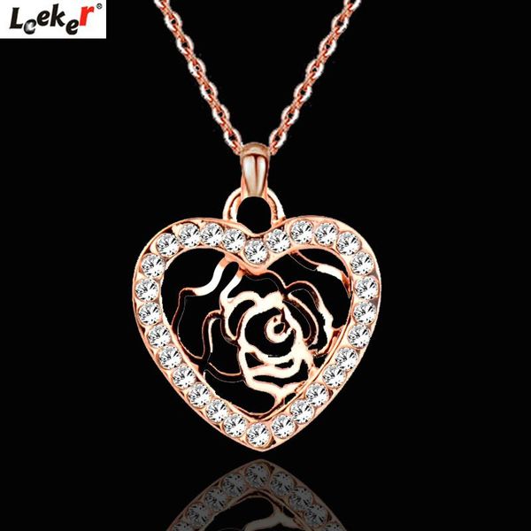

leeker rhinestone heart hollow rose flower pendant necklace choker link chain for women accessories jewelry 224 lk8, Silver