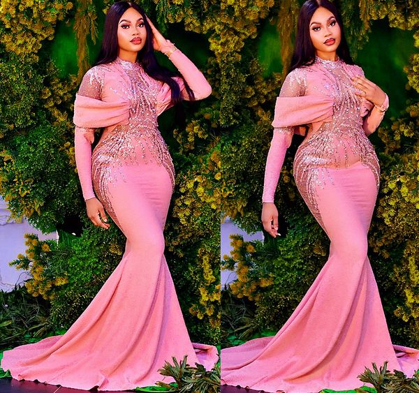 

2022 plus size arabic aso ebi pink mermaid luxurious prom dresses beaded sequins evening formal party second reception birthday engagement b, Black
