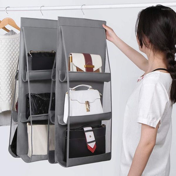 

6 pocket foldable hanging bag clear handbag purse storage holder anti-dust organizer closet rack hook hanger 3 layers shelf bag1