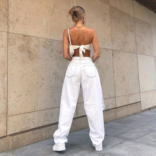 

mid waist boyfriend baggy big ripped jeans women's loose vintage wide leg pants hole white solid color casual female trousers y1214, Blue