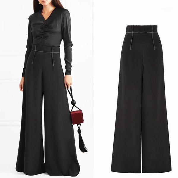 

spring fashion brand women's super longer pleated pants high waist package hip straight pant female high-rise flare pants f9461, Black;white