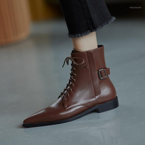 

boots 100% cow leather low heels women's lace up poined toe ladies ankle autumn party casual basic shoes woman1, Black