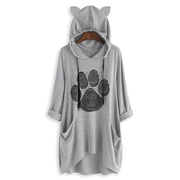 

slounchy cute dog paw footprint hoodies for women long lady pullover sweatshirts soft girl clothing casual spring autumn 201208, Black