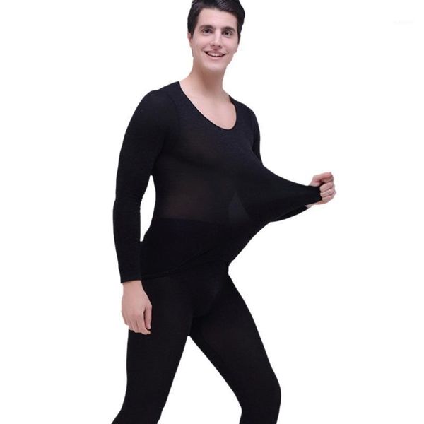 

men's new round neck seamless light high elastic thermal underwear set autumn 2020 winter long johns men's underwear1, Black;white