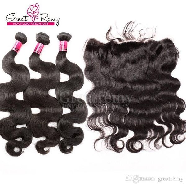 

greatremy brazilian body wave 3 bundles with lace frontal 13x4 body wave ear to ear lace frontal closure, Black
