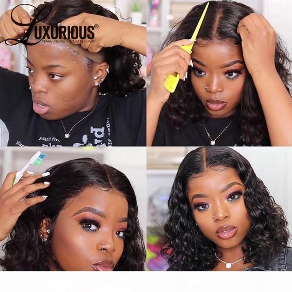 

curly short bob lace front human hair wigs 150 density brazilian remy curly bob closure wig pixie cut wig bleached knots, Black;brown